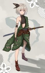 Rule 34 | 1girl, alternate costume, bandaged arm, bandages, blue eyes, boots, breasts, crop top, elbow gloves, expressionless, fingerless gloves, floral print, flower, full body, gloves, grey background, hair ornament, highres, holding, holding sword, holding weapon, japanese clothes, kimono, konpaku youmu, konpaku youmu (ghost), matsuharu (lip-mil), off shoulder, shadow, sheath, sheathed, short hair, shorts, silver hair, simple background, single glove, small breasts, solo, standing, sword, touhou, weapon