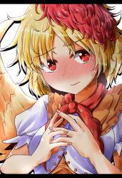 Rule 34 | 1girl, absurdres, blonde hair, blush, commentary request, fingers together, highres, letterboxed, looking at viewer, multicolored hair, neckerchief, niwatari kutaka, oshiaki, puffy short sleeves, puffy sleeves, red eyes, red hair, short hair, short sleeves, solo, sweatdrop, touhou, two-tone hair, upper body, white background, wings