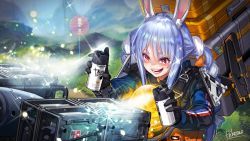 Rule 34 | 1girl, animal ear fluff, animal ears, artist name, blue hair, blue suit, braid, can, carrot, commentary request, container, cosplay, death stranding, formal, grin, hair between eyes, highres, hikosan, holding, holding can, hololive, long hair, open mouth, outdoors, rabbit ears, rabbit girl, red eyes, rigging, sam porter bridges, sam porter bridges (cosplay), sidelocks, smile, solo, sparkle, spray can, suit, twin braids, usada pekora, virtual youtuber, white hair