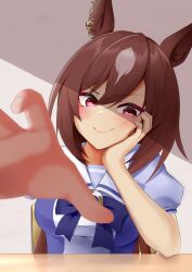 Rule 34 | 1girl, animal ears, ao komhur, blush, breasts, brown hair, closed mouth, commentary, ear ornament, hair between eyes, head rest, highres, horse ears, long hair, looking at viewer, medium breasts, multicolored hair, outstretched hand, puffy short sleeves, puffy sleeves, purple shirt, red eyes, school uniform, shirt, short sleeves, sirius symboli (umamusume), smile, solo, streaked hair, table, tracen school uniform, umamusume, upper body, white hair