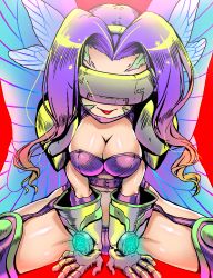 Rule 34 | 1girl, absurdres, bikini, breasts, butterfly wings, cleavage, covered eyes, digimon, digimon (creature), digimon frontier, fairimon, garter straps, gloves, highres, insect wings, mask, monster girl, parted bangs, purple bikini, purple hair, red background, revealing clothes, simple background, solo, spread legs, strapless, strapless bikini, swimsuit, thighhighs, wings