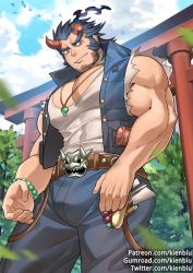 Rule 34 | 1boy, bara, bare arms, bare shoulders, blue hair, bulge, cowboy shot, dark blue hair, demon boy, facial hair, fang, fiery horns, gumroad username, hammer, horns, jewelry, kienbiu, large pectorals, long sideburns, male focus, muscular, necklace, paid reward available, patreon username, pectorals, shirt, short hair, sideburns, sleeveless, sleeveless shirt, solo, stubble, takemaru (housamo), taut clothes, taut shirt, thick eyebrows, tokyo houkago summoners, torn clothes, twitter username