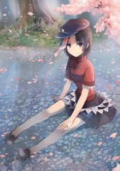 Rule 34 | 1girl, bare legs, brown hair, cherry blossoms, chinese clothes, flat cap, hand on own knee, hat, high collar, highres, in water, looking at viewer, miyako yoshika, ofuda, outdoors, petals, purple eyes, short hair, short sleeves, sitting, skirt, smile, solo, star (symbol), tare nu (usesase), touhou, tree