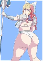 Rule 34 | 1girl, absurdres, armor, ass, ass focus, axe, blonde hair, blue eyes, short shorts, bow, breasts, charlotte (fire emblem if), come hither, fire emblem, fire emblem fates, from behind, hair bow, highres, huge ass, large breasts, long hair, looking at viewer, looking back, naughty face, nintendo, pauldrons, pills in a cup, short shorts, shorts, shoulder armor, sideboob, smile, solo, thick thighs, thighs, tongue, tongue out, weapon