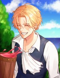 Rule 34 | 1boy, ^ ^, alcohol, ascot, bin (binonep), blonde hair, closed eyes, collared shirt, commentary request, cup, highres, holding, holding cup, male focus, ocean, one piece, sabo (one piece), scar, scar on face, shirt, short hair, sky, smile, solo, tree, upper body, waistcoat, white ascot, white shirt, wine