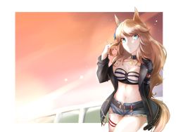 Rule 34 | 1girl, absurdres, animal ears, bandeau, bare shoulders, belt, black belt, black choker, blonde hair, blue eyes, blue ribbon, breasts, choker, cleavage, commentary request, cowboy shot, cutoffs, denim, denim shorts, gold city (umamusume), hair ribbon, hand up, highres, horse ears, itocoh, jacket, long hair, long sleeves, looking at viewer, medium breasts, midriff, navel, off shoulder, open clothes, open jacket, ribbon, short shorts, shorts, smile, solo, standing, stomach, strapless, striped bandeau, tail, thigh strap, thighs, tube top, umamusume