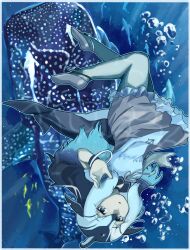 Rule 34 | 1girl, absurdres, black hair, blowhole, blue pantyhose, bracelet, bubble, cetacean tail, dolphin girl, dorsal fin, dress, fins, fish, fish tail, flats, frilled dress, frilled skirt, frills, grey dress, grey footwear, hair between eyes, head fins, highres, jewelry, kemono friends, long hair, multicolored hair, pacific white-sided dolphin (kemono friends), pantyhose, puffy short sleeves, puffy sleeves, short sleeves, sidelocks, skirt, solo, swimming, tail, toriny, two-tone dress, two-tone hair, underwater, upside-down, white dress, white hair, wristband