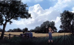 Rule 34 | 1girl, artist name, brown hair, cloud, cloudy sky, collarbone, dead-robot, farm, fence, grass, hair ornament, hand up, naked overalls, original, outdoors, overall skirt, overalls, pitchfork, rural, scenery, short hair, sky, solo, standing, tractor, tree, watermark, wide shot