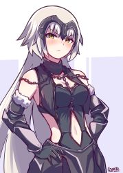 Rule 34 | 1girl, absurdres, artist name, blush, breasts, chain, cleavage, clothing cutout, cowboy shot, elbow gloves, fate/grand order, fate (series), fur-trimmed gloves, fur trim, gar32, gloves, grey hair, hair between eyes, hands on own hips, headpiece, highres, jeanne d&#039;arc (fate), jeanne d&#039;arc alter (avenger) (fate), jeanne d&#039;arc alter (avenger) (third ascension) (fate), jeanne d&#039;arc alter (fate), long hair, medium breasts, navel, navel cutout, side cutout, solo, yellow eyes