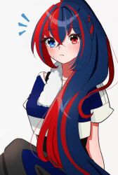 Rule 34 | 1girl, alear (female) (fire emblem), alear (fire emblem), blue eyes, blue hair, blush, fire emblem, fire emblem engage, gmais2514, hair between eyes, heterochromia, long hair, multicolored hair, nintendo, official alternate costume, official alternate hairstyle, ponytail, red eyes, red hair, solo, split-color hair, training outfit (fire emblem engage), two-tone hair, white background
