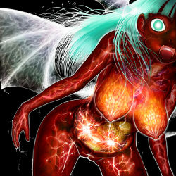 Rule 34 | 1girl, anatomy, bent over, black background, breasts, capcom, crazy, demon, demon girl, fangs, female focus, green eyes, green hair, hanging breasts, head wings, kari (artist), large breasts, leaning forward, long hair, looking at viewer, matching hair/eyes, monster, morrigan aensland, nipples, nude, open mouth, ovaries, science, simple background, solo, sweat, vampire (game), wings, x-ray