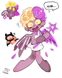 Rule 34 | 2boys, angel, angel and devil, angel boy, angel cookie, angel wings, bat wings, blonde hair, blush, bone, bone print, colored skin, cookie run, dark purple skin, demon, demon boy, demon horns, demon wings, devil cookie, dress, drooling, fangs, feathers, full body, highres, holding, holding wand, hood, horns, jewelry, male focus, multicolored hair, multiple boys, necklace, notice lines, personification, purple hair, purple skin, red skin, scared, scared expression, simple background, smile, star (symbol), star necklace, stitched arm, stitched leg, stitches, sweat, sweatdrop, torn clothes, torn dress, trap, two-tone hair, wand, wenyu, white background, white dress, wings, yellow eyes, zombie, zombie boy
