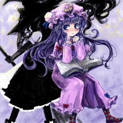 Rule 34 | 2girls, blush, book, crescent, hat, hat ribbon, kirisame marisa, long hair, multiple girls, nanashii (soregasisan), patchouli knowledge, purple eyes, purple hair, ribbon, silhouette, touhou, witch hat