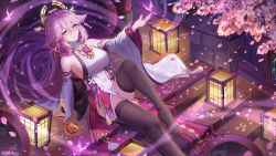 Rule 34 | 1girl, absurdres, animal ears, anklet, arm support, barefoot, bead anklet, black thighhighs, breasts, cherry blossoms, crystalfly (genshin impact), dahe zhuang (yishi fanhua), detached sleeves, earrings, falling petals, fox ears, genshin impact, hair between eyes, hair ornament, highres, jewelry, lantern, large breasts, legs, long hair, looking up, obi, outdoors, parted lips, pendant, petals, pink hair, purple eyes, sash, shirt, sitting, sleeveless, sleeveless shirt, smile, solo, stairs, thighhighs, thighs, vision (genshin impact), white shirt, wide sleeves, yae miko