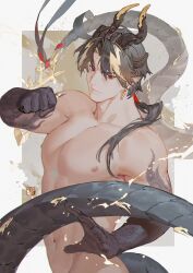 Rule 34 | 1boy, abs, arknights, chinese commentary, chong yue (arknights), clenched hand, completely nude, dragon boy, dragon horns, dragon tail, ear piercing, fighting stance, horns, long hair, looking at viewer, male focus, multicolored hair, nude, pectorals, piercing, pointy ears, red eyes, tail, zzzi gn
