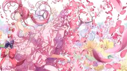 Rule 34 | 1girl, closed mouth, dress, flower, hair flower, hair ornament, high heels, highres, kantoku, kurumi (kantoku), long hair, looking at viewer, orange flower, original, outstretched arms, petals, pink dress, pink eyes, pink hair, purple flower, red ribbon, ribbon, rose, smile, solo, spread arms, twintails, white footwear, yellow flower, yellow rose