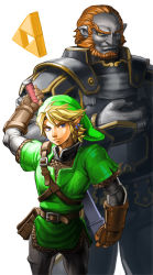 Rule 34 | 2boys, armor, beard, belt, blonde hair, blue eyes, chainmail, colored skin, earrings, eyebrows, facial hair, fingerless gloves, ganondorf, gloves, grey skin, hat, height difference, jewelry, link, male focus, multiple boys, nintendo, oetaro, orange hair, pointy ears, pouch, scabbard, sheath, sword, the legend of zelda, thick eyebrows, triforce, tunic, unsheathing, vambraces, weapon, yellow eyes