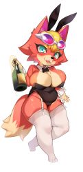 Rule 34 | 1girl, absurdres, animal crossing, animal ears, audie (animal crossing), black bow, black bowtie, blush, bow, bowtie, breasts, cleavage, detached collar, eyewear on head, fake animal ears, fox ears, fox girl, full body, furry, furry female, highres, jovejun, large breasts, leotard, looking at viewer, nintendo, playboy bunny, rabbit ears, simple background, solo, sunglasses, tail, thighhighs, white background, white thighhighs
