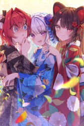 Rule 34 | 3girls, ange katrina, animal ears, black kimono, blue kimono, blush, brown hair, comiket 101, dog ears, furisode, grey hair, hair ornament, highres, inui toko, japanese clothes, kanzashi, kimono, kuro-kun (nablack), lize helesta, looking at viewer, multiple girls, nijisanji, official alternate costume, red headwear, red kimono, smile, virtual youtuber