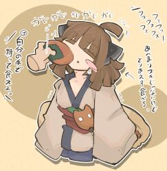 Rule 34 | 1girl, absurdres, ahoge, arms at sides, blade, blue skirt, blunt bangs, blush stickers, brown background, brown hair, brown kimono, closed eyes, commentary request, cropped torso, crumbs, disembodied limb, eating, food, food on face, head tilt, headgear, highres, holding, holding food, japanese clothes, kimono, medium hair, obi, obijime, outline, pleated skirt, sash, senbei, sheila ship2, short kimono, skirt, sleeves past fingers, sleeves past wrists, solo focus, touhoku kiritan, translation request, voiceroid, white outline, wide sleeves