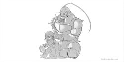 Rule 34 | 2boys, alphonse elric, androgynous, armor, artist name, bags under eyes, barefoot, cheekbones, closed mouth, coat, coat on shoulders, collarbone, commentary, completely nude, covering privates, dressing another, dual persona, english commentary, closed eyes, facing viewer, full armor, fullmetal alchemist, gauntlets, greyscale, groin, hair behind ear, hair over one eye, helmet, indian style, light smile, loincloth, long hair, male focus, monochrome, multiple boys, narrow waist, navel, nude, shin (shinobu612), shoulder spikes, sidelighting, simple background, sitting, size difference, skinny, spiked helmet, spikes, stomach, straight hair, very long hair, wariza, white background, wide shot