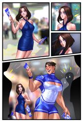 Rule 34 | 1boy, 1girl, bara, blue dress, blue shirt, blue shorts, blush, breasts, carless (ppanic), closed eyes, dress, earrings, extra, highres, holding, jewelry, large pectorals, looking at another, medium breasts, muscular, muscular male, open mouth, pectorals, samsung, samsung sam, shirt, shorts, smile, teeth, thick thighs, thighs, two-tone shirt, watch, white shirt, wristwatch