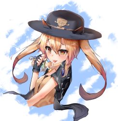 Rule 34 | 1girl, blonde hair, blush, condom, cropped torso, cum, cum in mouth, fingerless gloves, girls&#039; frontline, gloves, hat, highres, horns, jacket, looking at viewer, m870 (girls&#039; frontline), portrait, qinshi-ji, red eyes, simple background, solo, tongue, tongue out, twintails, upper body, used condom