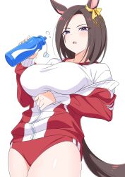 Rule 34 | 1girl, air groove (umamusume), animal ears, bob cut, bottle, bow, breasts, brown hair, commentary, ear ribbon, highres, holding, holding bottle, horse ears, horse girl, horse tail, kamuraaa 615, large breasts, looking at viewer, plastic bottle, ribbon, short hair, simple background, solo, tail, thick thighs, thighs, tracen training uniform, umamusume, water bottle, white background, yellow ribbon