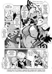 Rule 34 | ..., 1boy, 2girls, anastasia (fate), armor, blush, breasts, caenis (fate), caenis (fate/grand order), choker, cleavage, collar, comic, commentary request, dark-skinned female, dark skin, dress, fate (series), flying sweatdrops, gloves, greyscale, hair between eyes, hair ornament, hair over one eye, hair ribbon, hairband, highres, kadoc zemlupus, large breasts, long hair, long sleeves, monochrome, multiple girls, navel, open mouth, ribbon, shawl, shoulder armor, sleeveless, spoken ellipsis, sweatdrop, thighhighs, thong, torichamaru, translated, twitter username, whispering