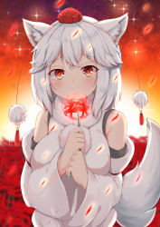Rule 34 | 1girl, animal ears, bare shoulders, blush, breasts, commentary, commentary request, detached sleeves, flower, hat, inubashiri momiji, large breasts, looking at viewer, outdoors, pom pom (clothes), red eyes, red flower, rururiaru, shirt, short hair, silver hair, sleeveless, sleeveless shirt, solo, tail, tokin hat, touhou, turtleneck, white shirt, wolf ears, wolf tail