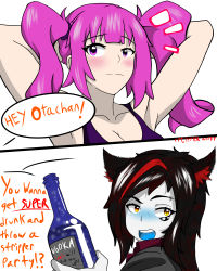 Rule 34 | absurdres, alcohol, animal ears, arms up, blush, cat ears, cat girl, cpt.tester works, drill hair, elora (cpt.tester), highres, looking at another, looking away, orange eyes, otachan, pink eyes, pink hair, red hair, speech bubble, vodka