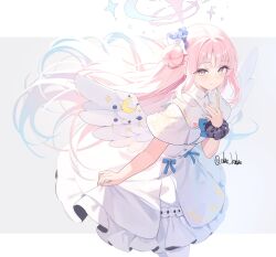 Rule 34 | 1girl, aka kan, angel wings, black scrunchie, blue archive, blush, capelet, closed mouth, crescent, crescent pin, dress, feathered wings, flower, hair bun, hair flower, hair ornament, halo, highres, long hair, looking at viewer, mika (blue archive), pink hair, pink halo, purple flower, scrunchie, single side bun, smile, solo, twitter username, white capelet, white dress, white wings, wings, wrist scrunchie, yellow eyes