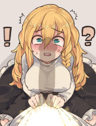 Rule 34 | !?, 1girl, aoi kujira, aqua eyes, black skirt, blonde hair, blush, braid, breasts, commentary request, covered erect nipples, erection, frilled skirt, frills, from above, grey background, hair between eyes, heart, heart-shaped pupils, kirisame marisa, large breasts, long hair, long sleeves, looking at penis, looking at viewer, penis, penis awe, penis shadow, shadow, shirt, side braid, simple background, skirt, solo, solo focus, sweat, symbol-shaped pupils, touhou, wavy mouth, white shirt