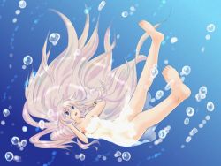 Rule 34 | 1girl, blonde hair, blue eyes, braid, bubble, dress, female focus, full body, gradient background, hand in own hair, ia (vocaloid), long bangs, long hair, open mouth, sinking, solo, twin braids, underwater, vocaloid, water