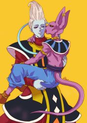 Rule 34 | 2boys, animal ears, armband, artist name, beerus, blue skin, carrying, cat boy, cat ears, cat tail, licking another&#039;s cheek, claws, colored skin, dragon ball, dragonball z, earrings, licking another&#039;s face, jewelry, licking, male focus, multiple boys, neck ring, one eye closed, purple skin, raku220p, robe, signature, smile, tail, whis, white hair, wrist cuffs