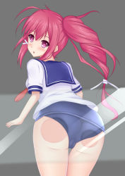 Rule 34 | 10s, 1girl, against glass, ass, ass press, highres, i-168 (kancolle), kantai collection, long hair, looking back, personification, ponytail, red eyes, red hair, school swimsuit, school uniform, serafuku, swimsuit, swimsuit under clothes, terakoya