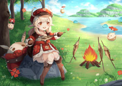 Rule 34 | 1girl, ahoge, backpack, bag, blonde hair, blush, boots, campfire, dress, feathers, fish, flower, full body, genshin impact, hair between eyes, hat, hat feather, jumpy dumpty, klee (genshin impact), knee boots, long hair, long sleeves, looking at viewer, low twintails, open mouth, pointy ears, red dress, red eyes, red hat, sitting, slime (genshin impact), smile, solo, tree, twintails, white feathers, white legwear, yan xiaoqi vita