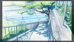 Rule 34 | bad id, bad pixiv id, border, chain-link fence, fence, flower, gom jabbar, no humans, original, perspective, pool, railing, road, scenery, shade, stairs, street, sunlight, tree