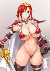 Rule 34 | alternate hairstyle, aqua eyes, armor, baron (nsbaron), bikini, bikini armor, black gloves, black thighhighs, boudica (fate), breasts, cleavage, closed mouth, cowboy shot, detached collar, elbow gloves, fate/grand order, fate (series), gloves, gradient background, highleg, highleg bikini, huge breasts, navel, pauldrons, red armor, red hair, shield, short hair, short twintails, shoulder armor, simple background, solo, swimsuit, sword, thigh strap, thighhighs, thighs, twintails, vambraces, weapon