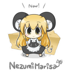 Rule 34 | 1girl, animal ears, apron, bad id, bad pixiv id, black dress, blonde hair, blush, bow, buttons, character name, cheese, chibi, dress, female focus, food, highres, kemonomimi mode, kirisame marisa, light smile, long hair, looking at viewer, mini person, minigirl, mouse ears, mouse marisa (yuasan), mouse tail, no headwear, shirt, simple background, smile, solo, standing, tail, tail bow, tail ornament, touhou, white background, yellow eyes, yuasan