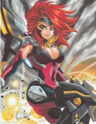 Rule 34 | 1girl, 2018, alternate costume, armor, bodysuit, breasts, cleavage, cleavage cutout, clothing cutout, earrings, explosion, eyebrows, female focus, flying, forehead protector, green eyes, gun goddess miss fortune, highres, jewelry, large breasts, league of legends, lips, long hair, mecha musume, miss fortune (league of legends), power armor, power suit, ravernclouk design, red hair, riot games, shoulder cannon, solo, traditional media