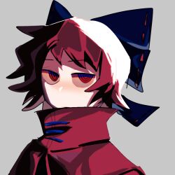 1girl blue_bow bow cloak closed_mouth commentary_request expressionless grey_background hair_bow looking_at_viewer red_cloak red_eyes red_hair ringed_eyes sekibanki shiri_fusang short_hair simple_background solo touhou upper_body