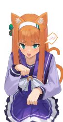 Rule 34 | 1girl, absurdres, alternate animal ears, animal ear fluff, animal ears, blush, bow, bowtie, cat day, cat ears, cat girl, cat tail, closed mouth, commentary request, dated commentary, ear ornament, green eyes, hair ornament, hairband, highres, long hair, long sleeves, looking at viewer, ningen gokko, open mouth, orange hair, orange tail, paw pose, petticoat, purple serafuku, purple shirt, purple skirt, raised eyebrows, sailor collar, school uniform, serafuku, shirt, silence suzuka (umamusume), simple background, skirt, solo, spoken blush, tail, tongue, tongue out, tracen school uniform, umamusume, upper body, white background, white hairband, winter uniform