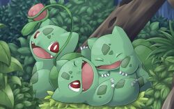 Rule 34 | animal focus, bright pupils, bulbasaur, bush, claws, closed eyes, creatures (company), ditb, fangs, food, forest, fruit, game freak, gen 1 pokemon, holding, holding food, holding fruit, nature, nintendo, nostrils, one eye closed, open mouth, outdoors, peach, plant, pokemon, pokemon (creature), red eyes, vines, white pupils