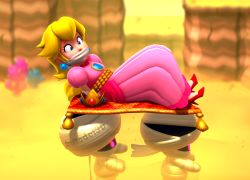 Rule 34 | 1girl, arms behind back, bdsm, blonde hair, blue eyes, bondage, bound, breasts, captain toad: treasure tracker, cloth gag, crown, earrings, gag, gagged, high heels, highres, improvised gag, jewelry, mario (series), mummy-me, nintendo, onmodel3d, over the mouth gag, princess peach, super mario bros. 1