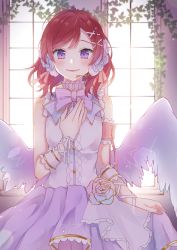 Rule 34 | 10s, 1girl, absurdres, angel wings, arm garter, artist request, bare shoulders, bow, bowtie, center frills, chain, feathered wings, female focus, flower, frills, gold chain, hair ornament, hand on chest, highres, looking at viewer, love live!, love live! school idol festival, love live! school idol project, microphone, nishikino maki, petals, purple eyes, red flower, red hair, red rose, ribbon, rose, skirt, skirt hold, sleeveless, smile, solo, striped bow, striped bowtie, striped clothes, wading, window, wings, wrist ribbon, x hair ornament
