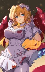 Rule 34 | 1girl, blonde hair, blood, blood on clothes, blood on face, blue eyes, blush, breasts, choker, dragon girl, dragon tail, dragon wings, dress, gloves, highres, hime hajime, hime hajime (2nd costume), large breasts, long hair, looking at viewer, open mouth, pantyhose, ponytail, side ponytail, suzukichi (user pwmc7427), tail, virtual youtuber, vshojo, white choker, white dress, white gloves, white pantyhose, wings