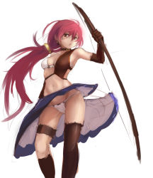 Rule 34 | 1girl, bikini, bow (weapon), brown eyes, elbow gloves, gloves, highres, long hair, original, red hair, riftgarret, single thighhigh, solo, swimsuit, thighhighs, weapon