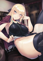 Rule 34 | 1girl, blonde hair, blue eyes, blush, bow, cape, clothes pull, competition swimsuit, couch, dress pull, grey eyes, hair ornament, hassen (8cm), leg armor, licking lips, long hair, looking at viewer, one-piece swimsuit, original, playing with hair, sitting, skirt, swimsuit, thighhighs, tongue, tongue out, unworn skirt
