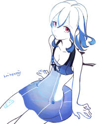 Rule 34 | 1girl, blue theme, body writing, breasts, cleavage, clothing cutout, dress, from above, from side, frown, iwamoto zerogo, limited palette, looking at viewer, medium hair, original, partially colored, pink eyes, side cutout, sitting, small breasts, solo, spot color